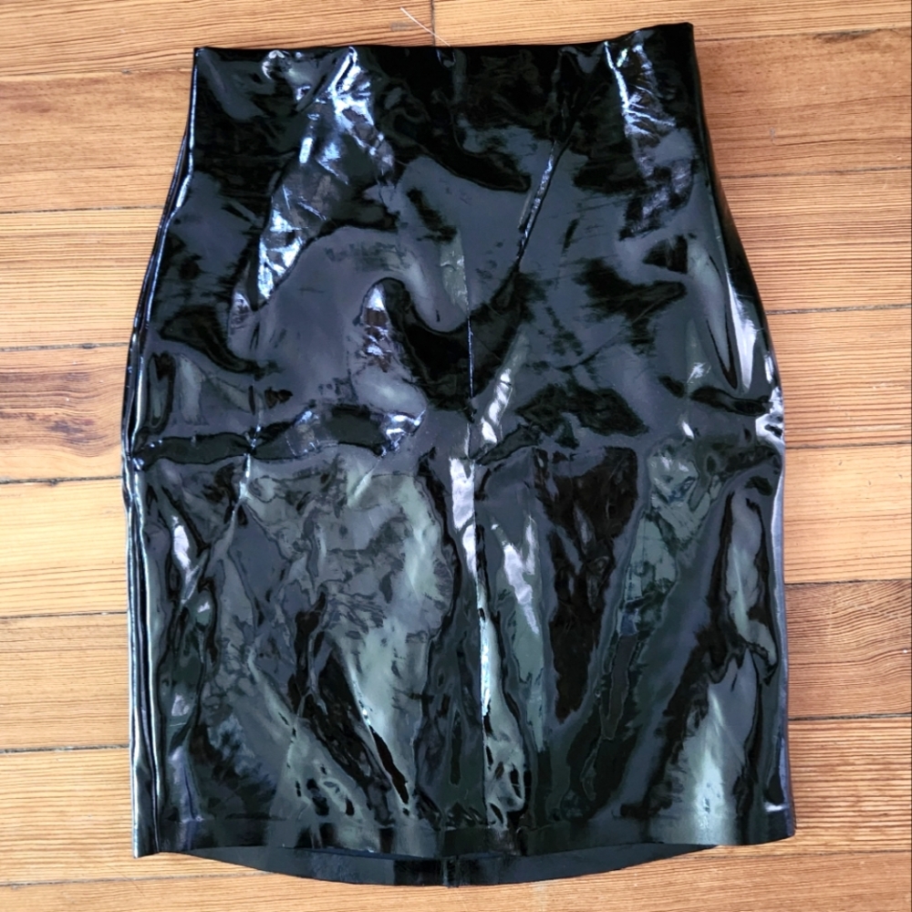 Commando Black Shiny Patent Vinyl Pleather Pencil Bodycon Mini Skirt